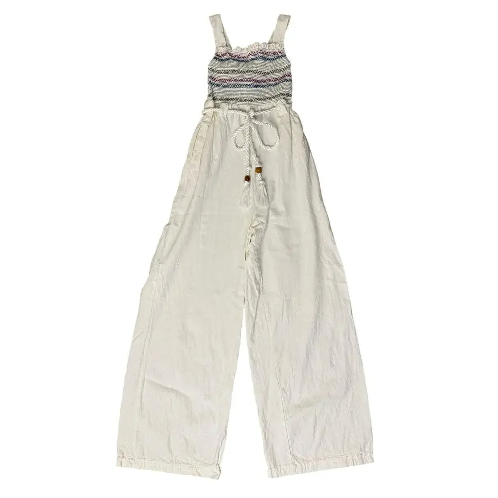 FREE PEOPLE Sienna Smocked Jumpsuit Ecru Bohemian Hippie Romper Sz XS NEW - Picture 2 of 8